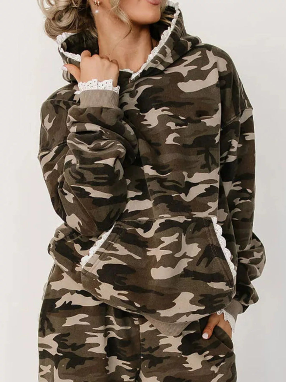 Women's Lace Trim Kangaroo Pocket Hoodie