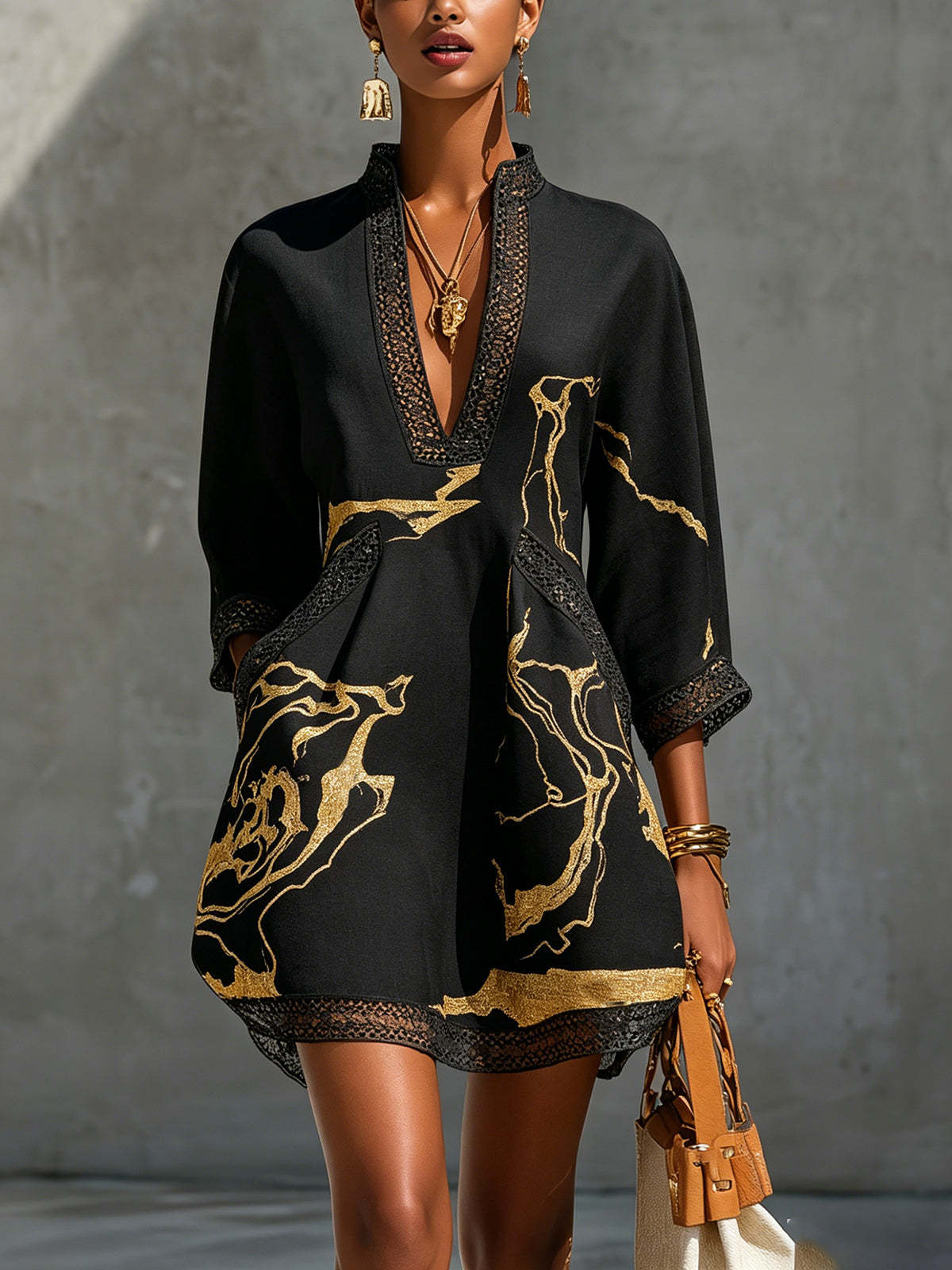 Navy Blue Gold Thread Abstract Print, Lace-Trimmed Collar, Three-Quarter Sleeves, Loose-Fitting Holiday-Style Cotton-Linen Short Dress With Belt