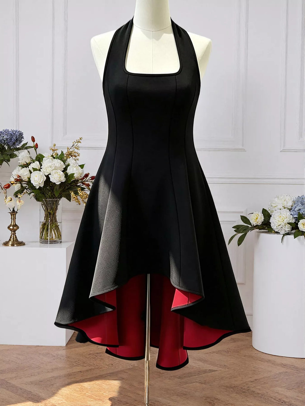 Women's Black High-Low Halter Neck Dress - Black