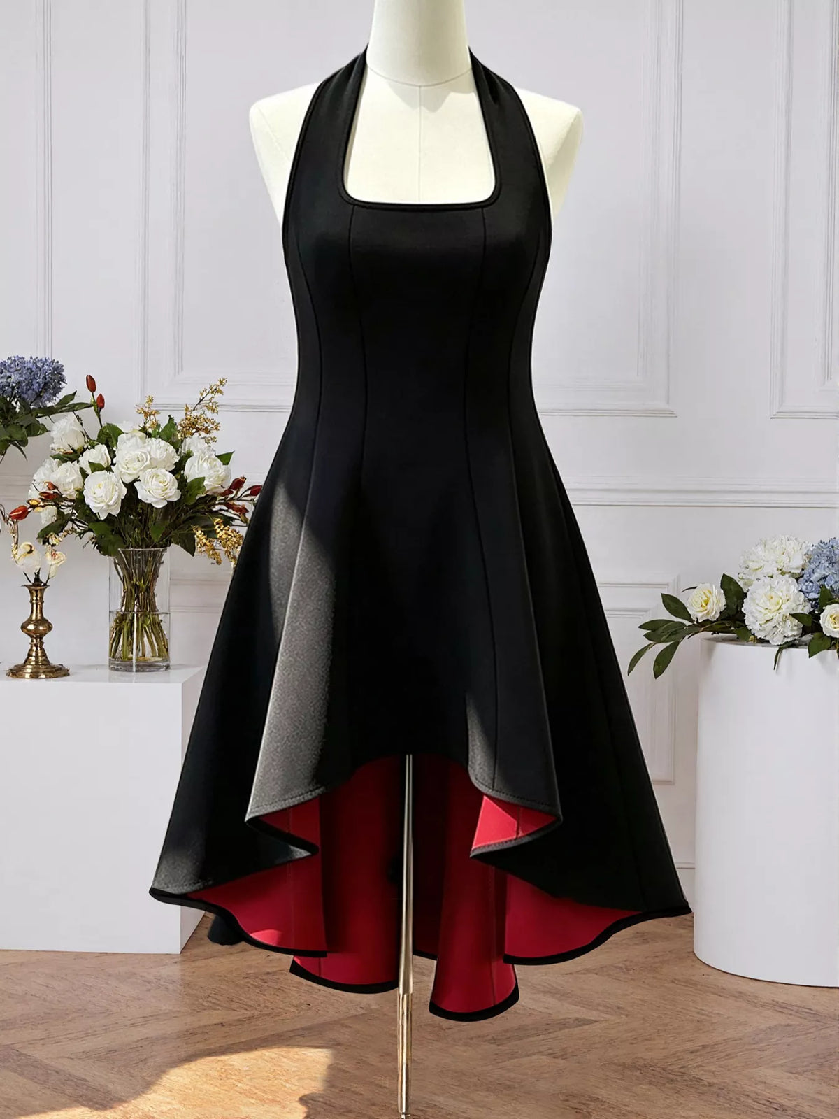 Women's Black High-Low Halter Neck Dress - Black