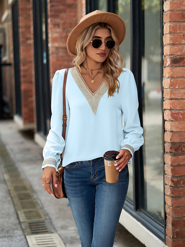 Women's V-Neck Long Sleeve Blouse - Pastel  Blue