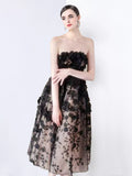 Women's Strapless Floral Applique Midi Dress - Black