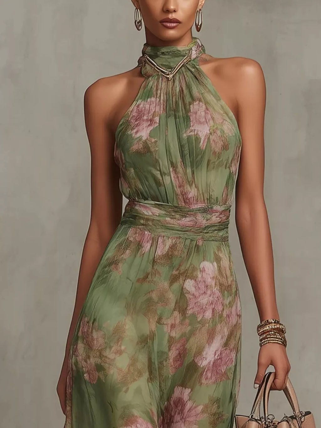 Women's Green Floral Print Sleeveless Maxi Dress - Green
