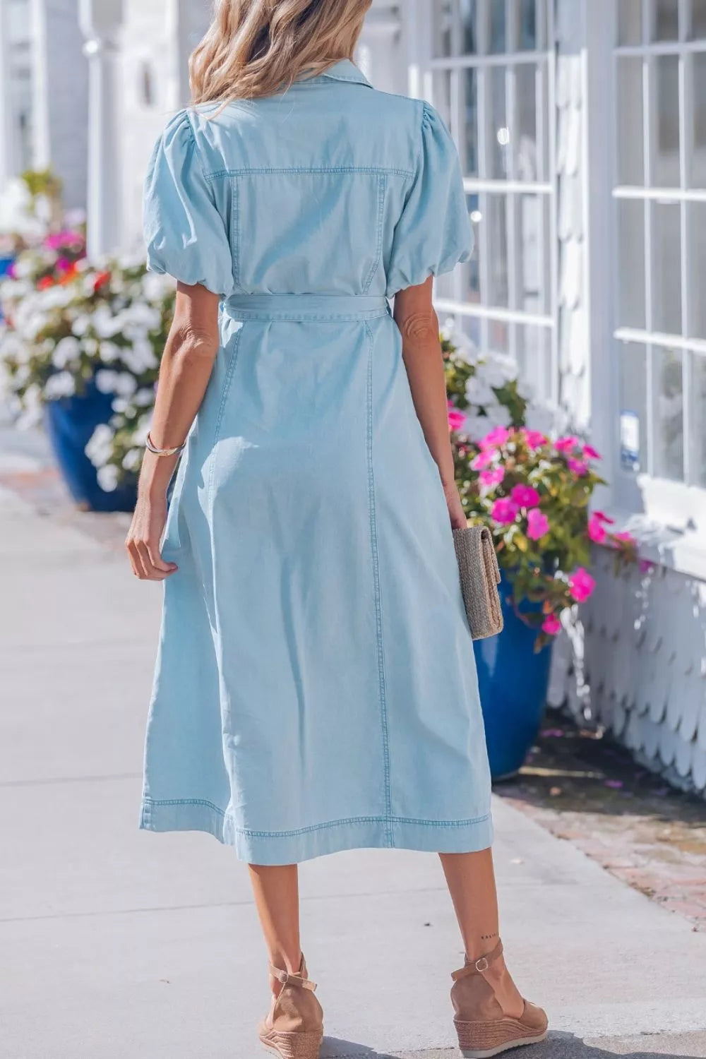 Women's Light Blue Full Buttons Collared Short Bubble Sleeve Long Denim Dress - Light Blue