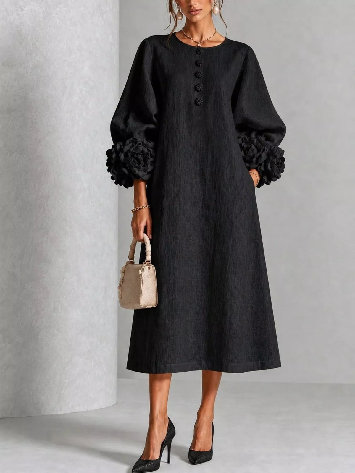 Women's 3D Floral Round Neck Midi Dress
