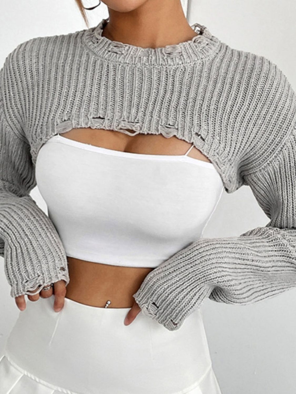 Women's Distressed Long Sleeve Cropped Sweater