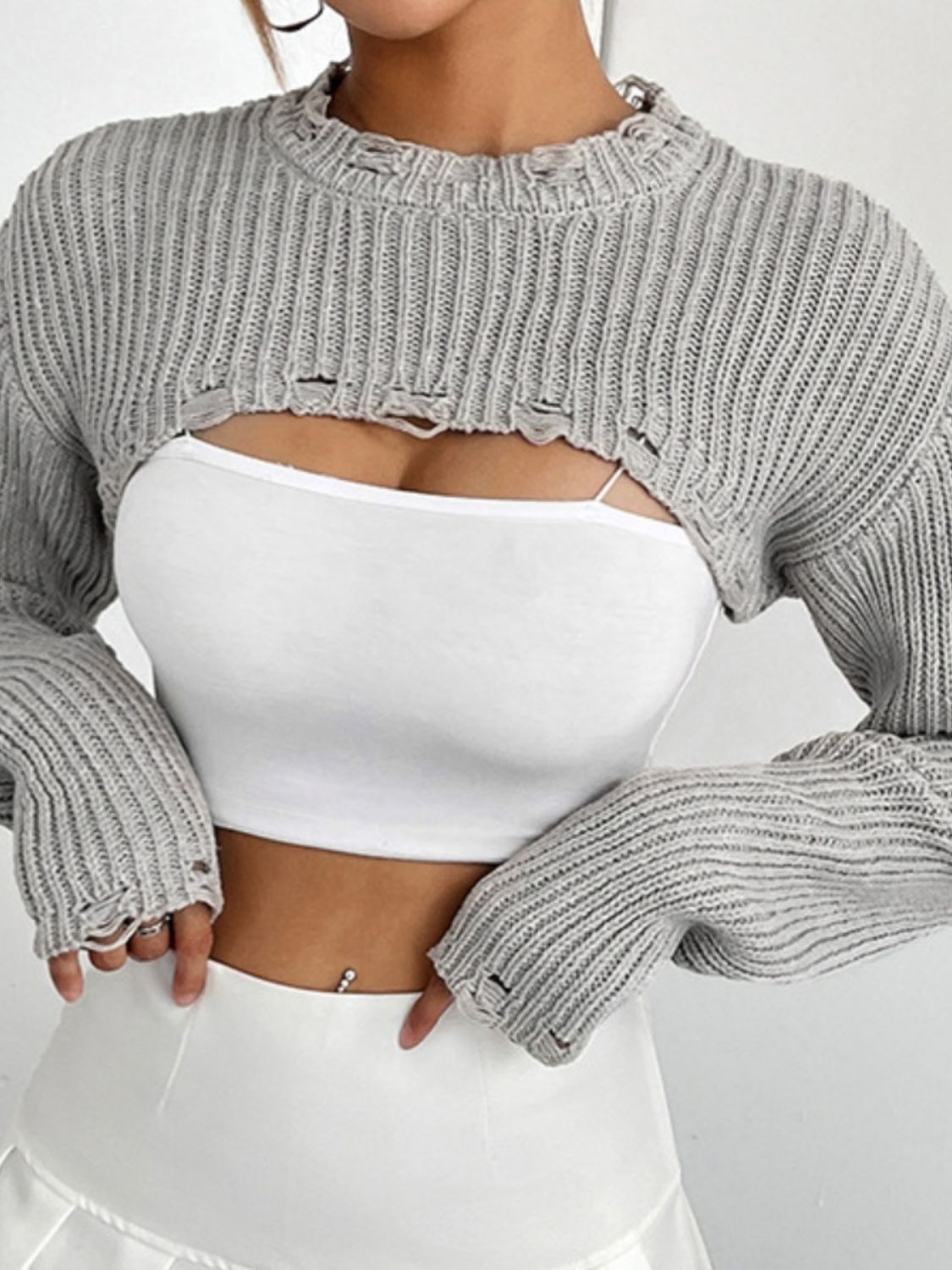 Women's Distressed Long Sleeve Cropped Sweater