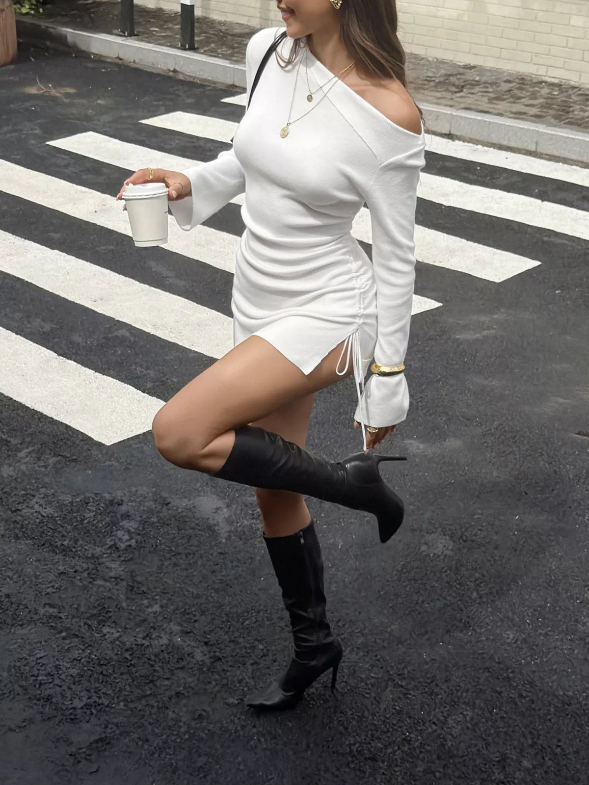 Women's White Side Drawstring Ruched Bodycon Knit Dress - White