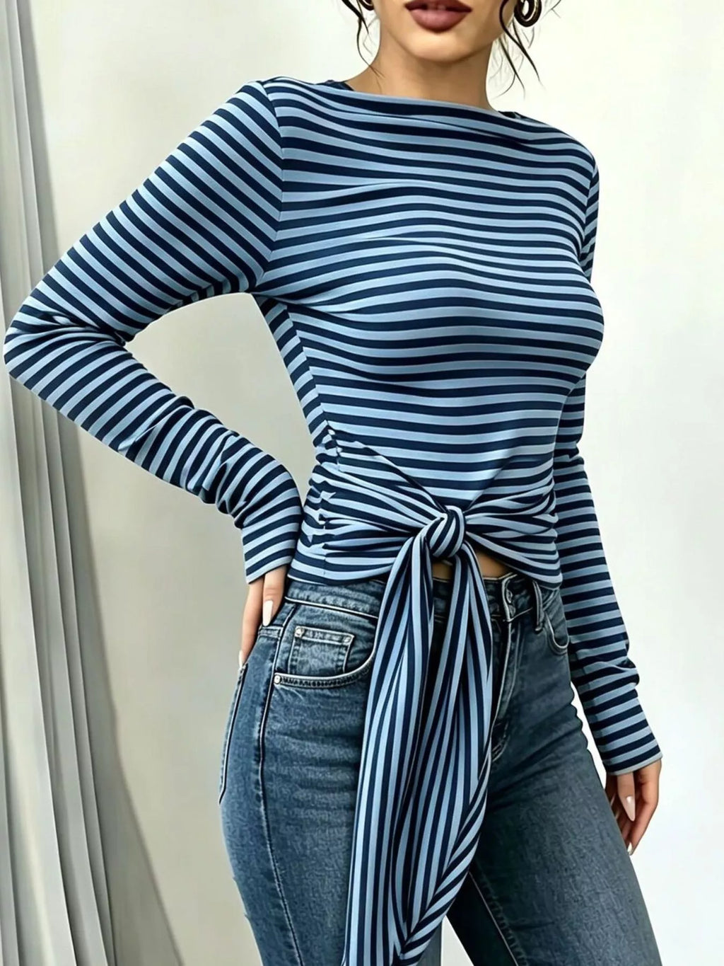 Women's Long Sleeve Striped T-Shirt with Front Tie Detail