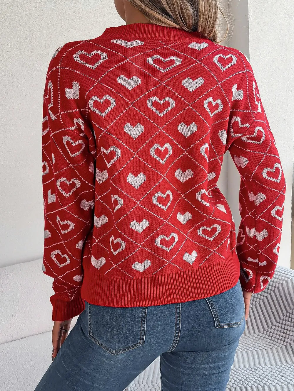 Women's Heart Pattern V-Neck Long Sleeve Sweater