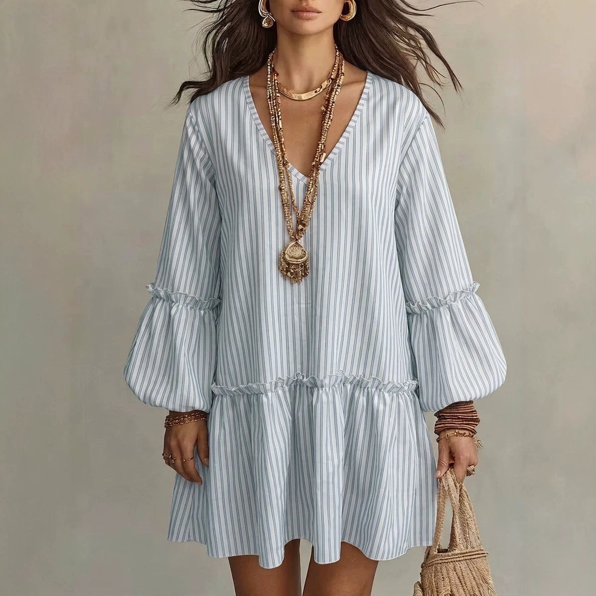 Women's Early Autumn Long Sleeve A Line Dress, Bohemian Style Striped Print V Neck - Light blue