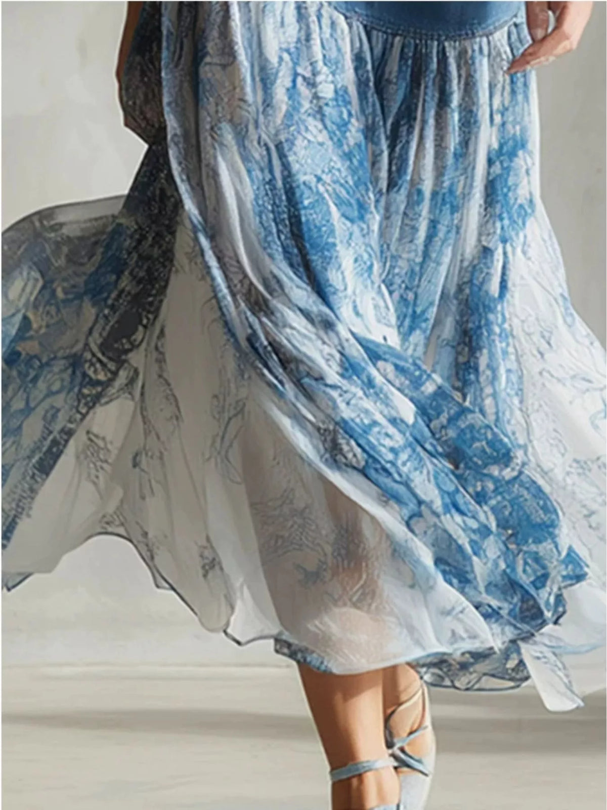 Women's Blue Denim-Paneled Floral Print Skirt - Blue