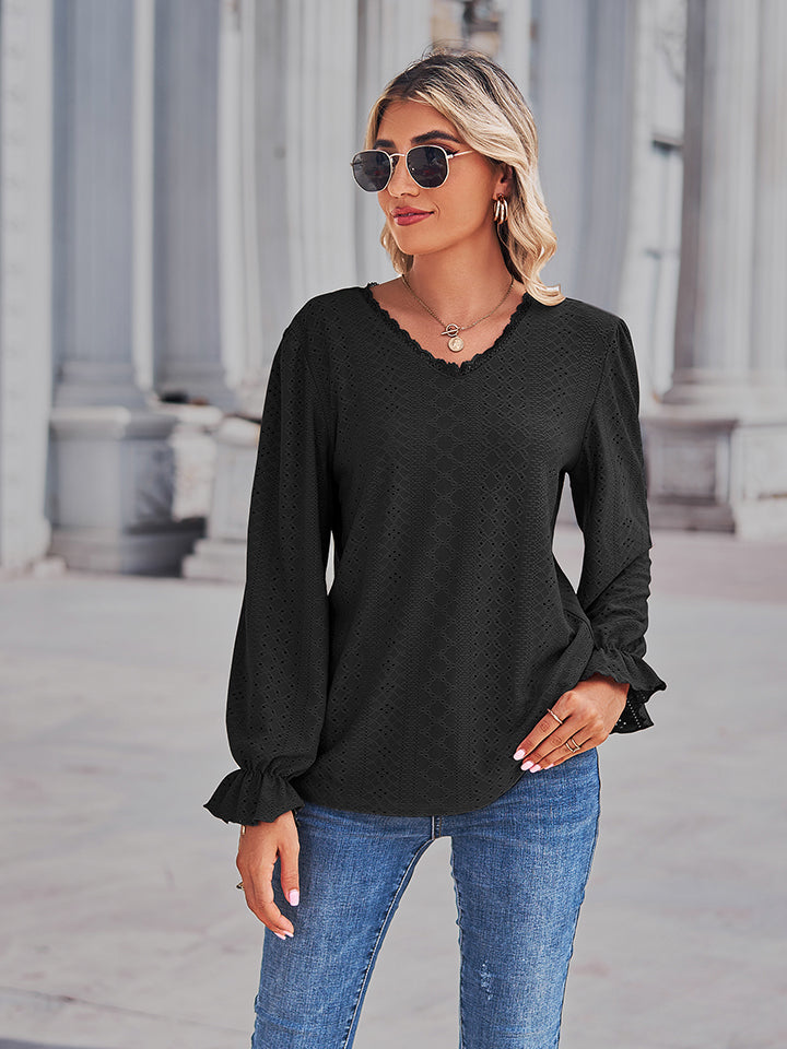 Women's Eyelet V-Neck Flounce Sleeve Blouse - Black