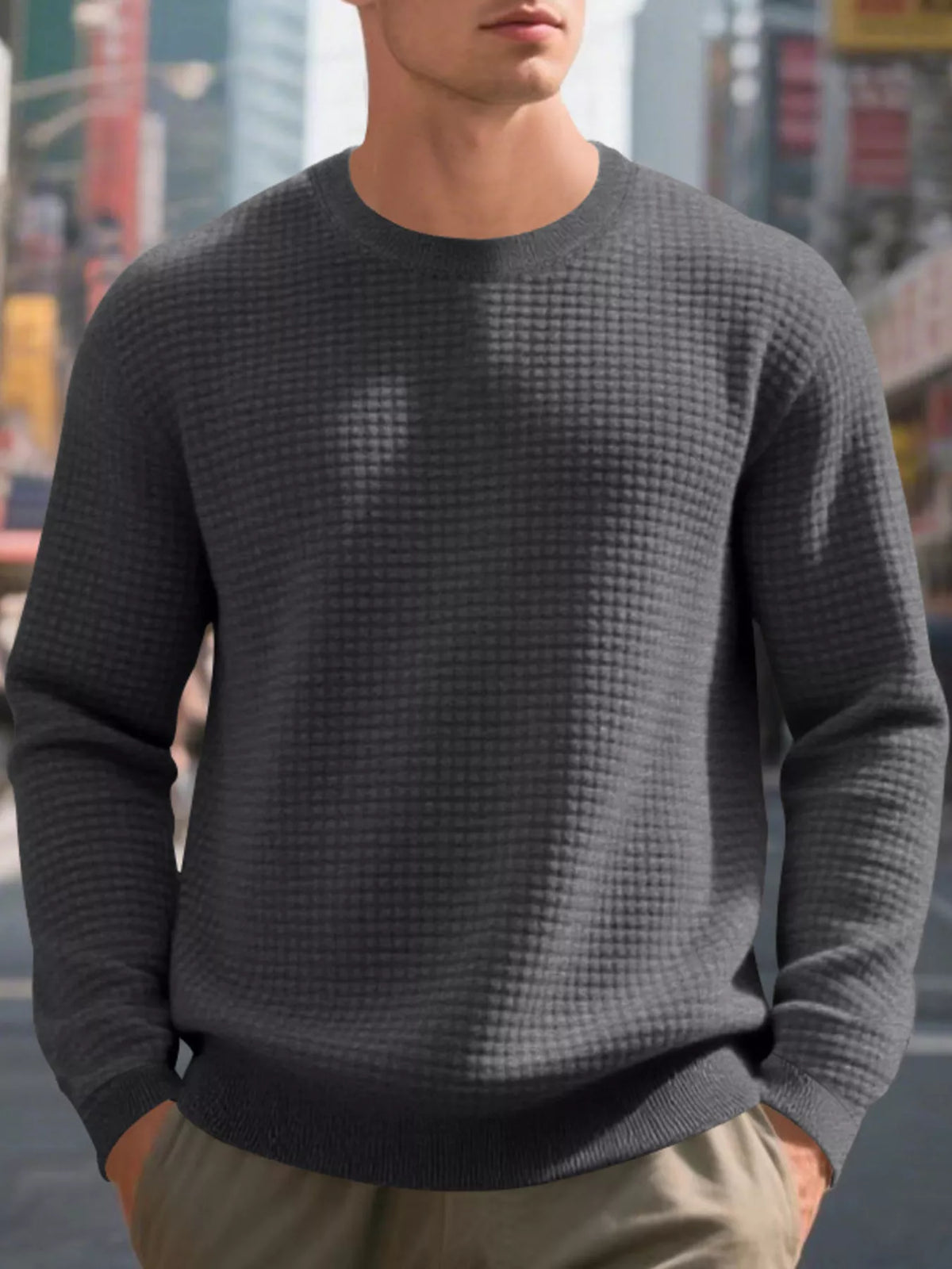Men's Full Size Classic Waffle-Knit Crew Neck Sweatshirt Plus Size