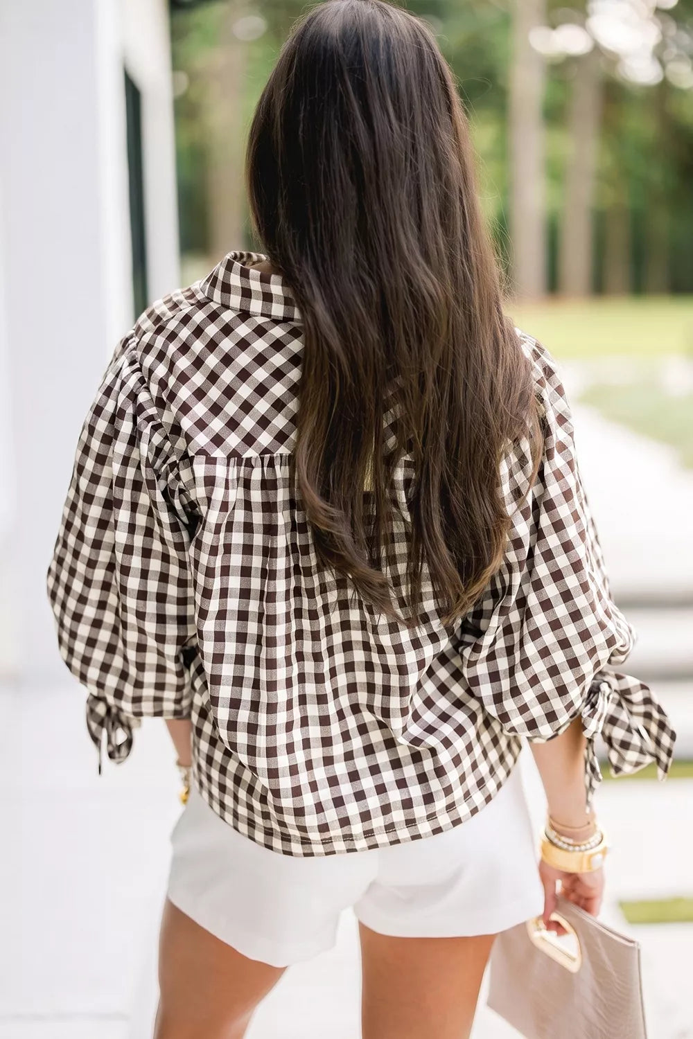 Women's Brown Gingham Scalloped Trim Tie Sleeve Shirt - Brown