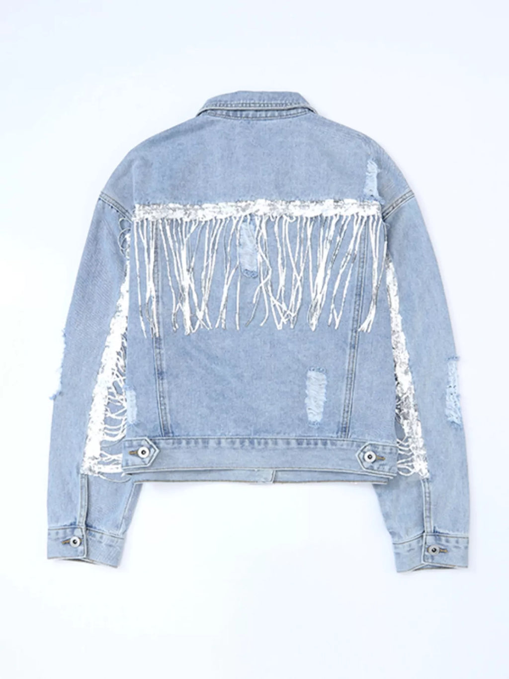Women's Light Blue Fringed Sequin Embellished Denim Jacket - Light Blue