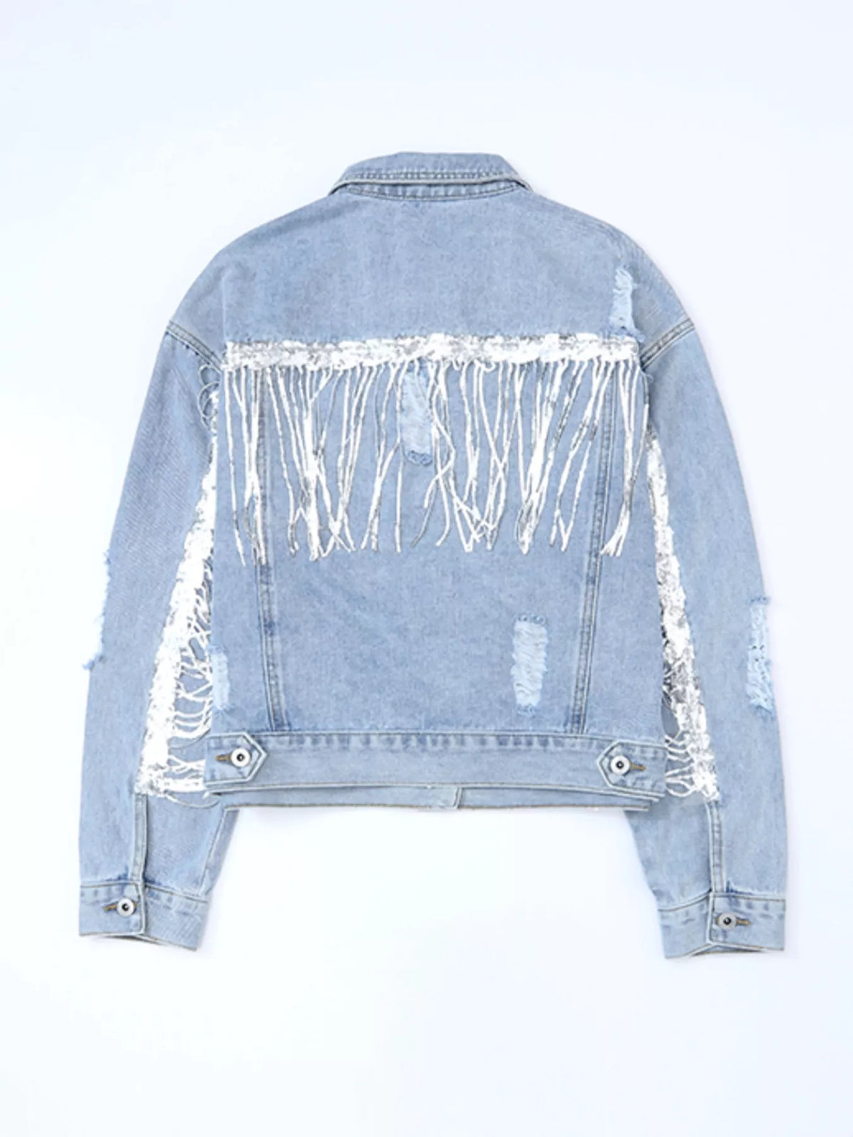 Women's Light Blue Fringed Sequin Embellished Denim Jacket - Light Blue