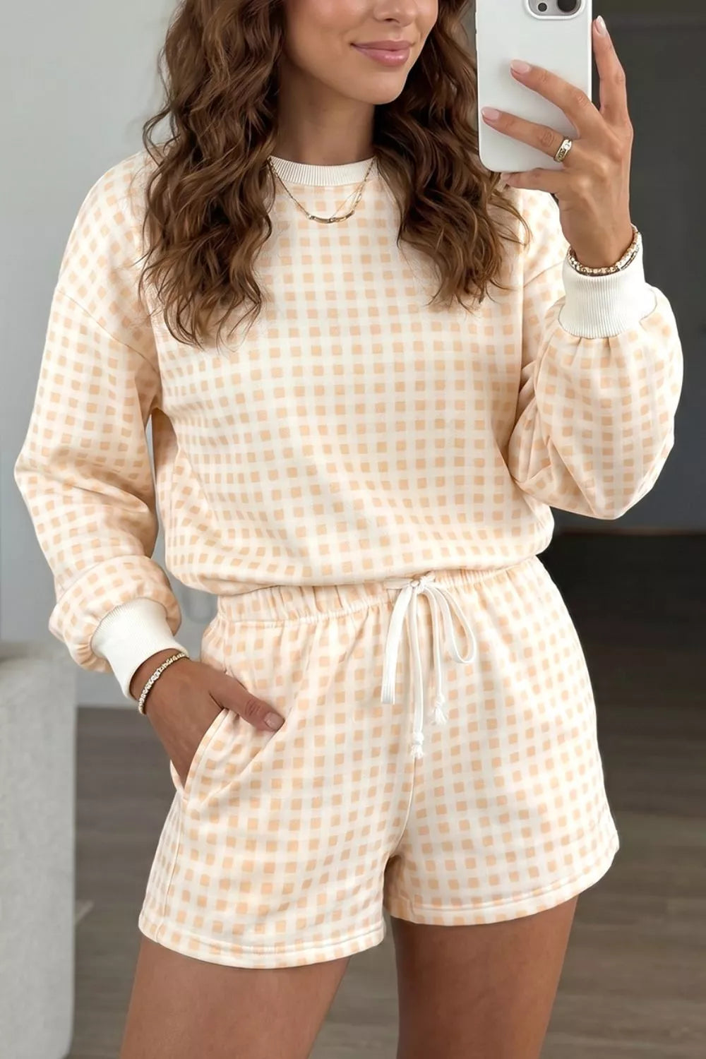 Women's Pastel Yellow Gingham Long Sleeve Sweatshirt and Shorts Set - Pastel Yellow