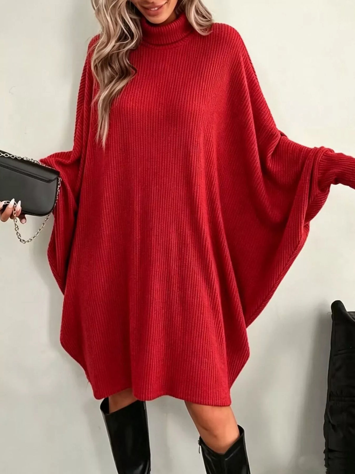 Oversized Batwing Sleeve Ribbed Knit Turtleneck Dress