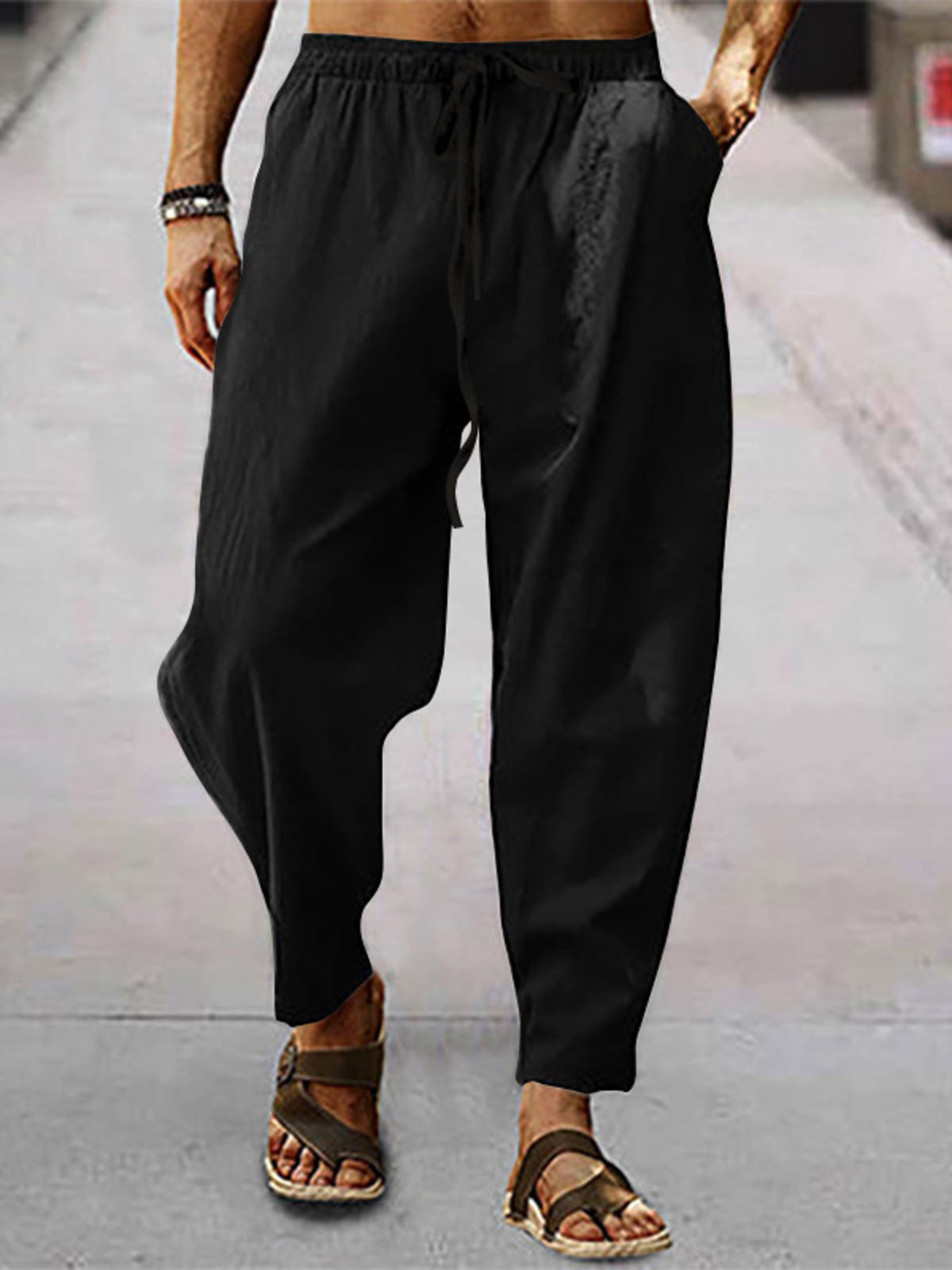 Men's Drawstring Wide Leg Pants, Plus Size - Black