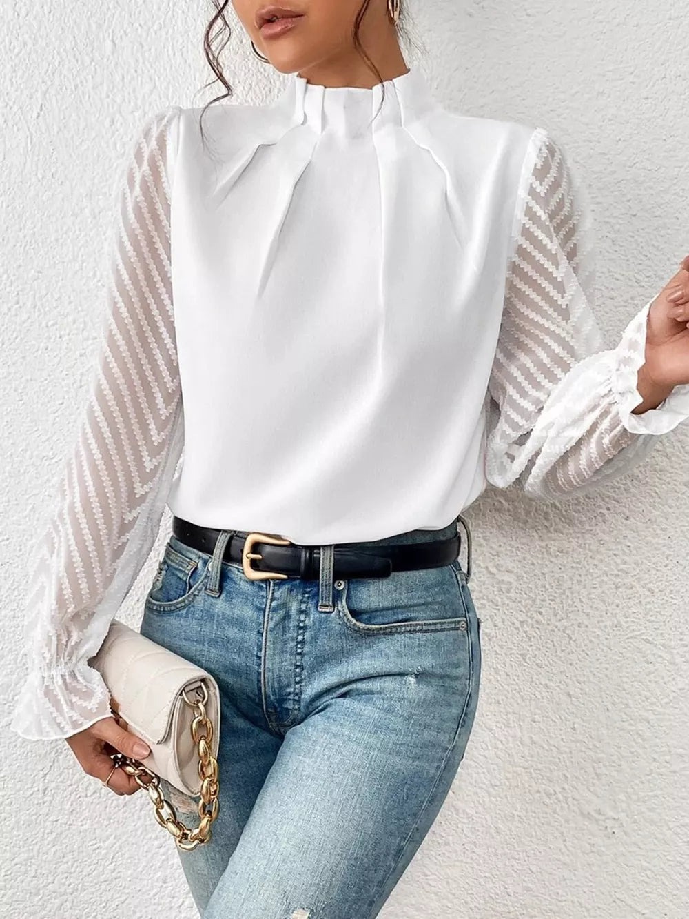 Women's Mock Neck Flounce Sleeve Blouse