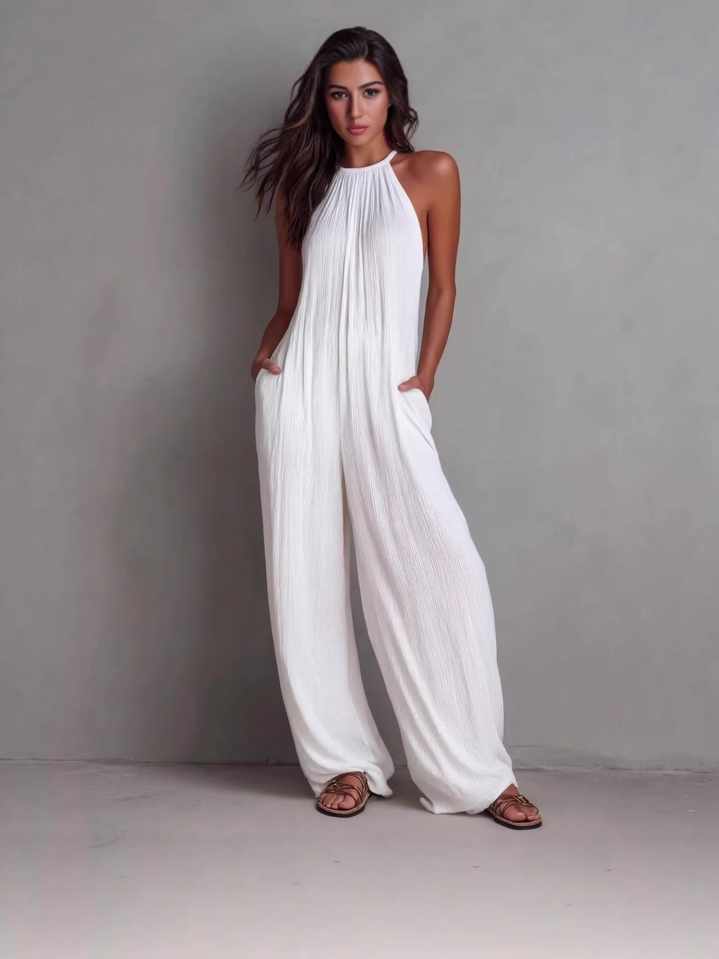 Women's Cross-Border Foreign Trade Women's Clothing European And American Style Halter Neck Sleeveless Vacation Style White Pleated Backless Wide-Leg Jumpsuit