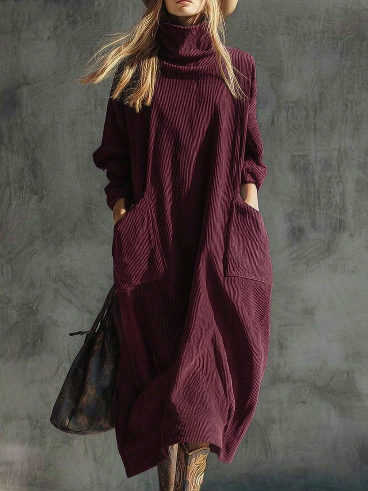 Corduroy Slimming Long Dress With Two Pockets For Women
