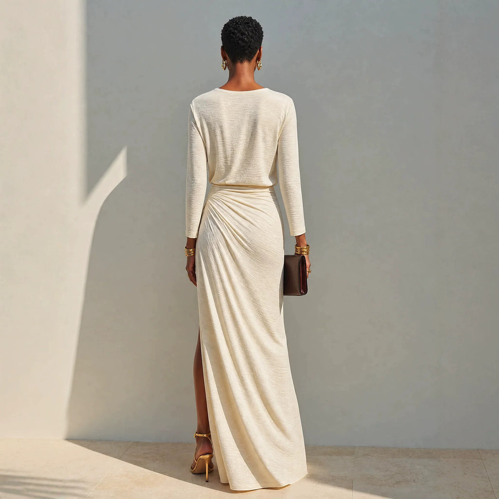 Women's Minimalist Round-neck Pleated Slit Maxi Dress