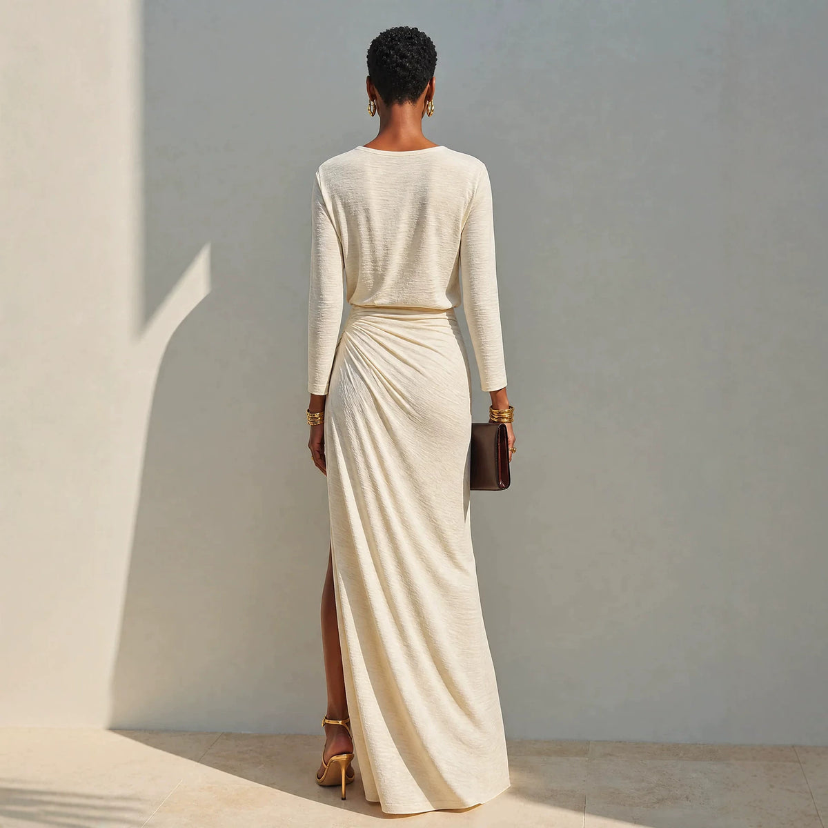 Women's Minimalist Round-neck Pleated Slit Maxi Dress