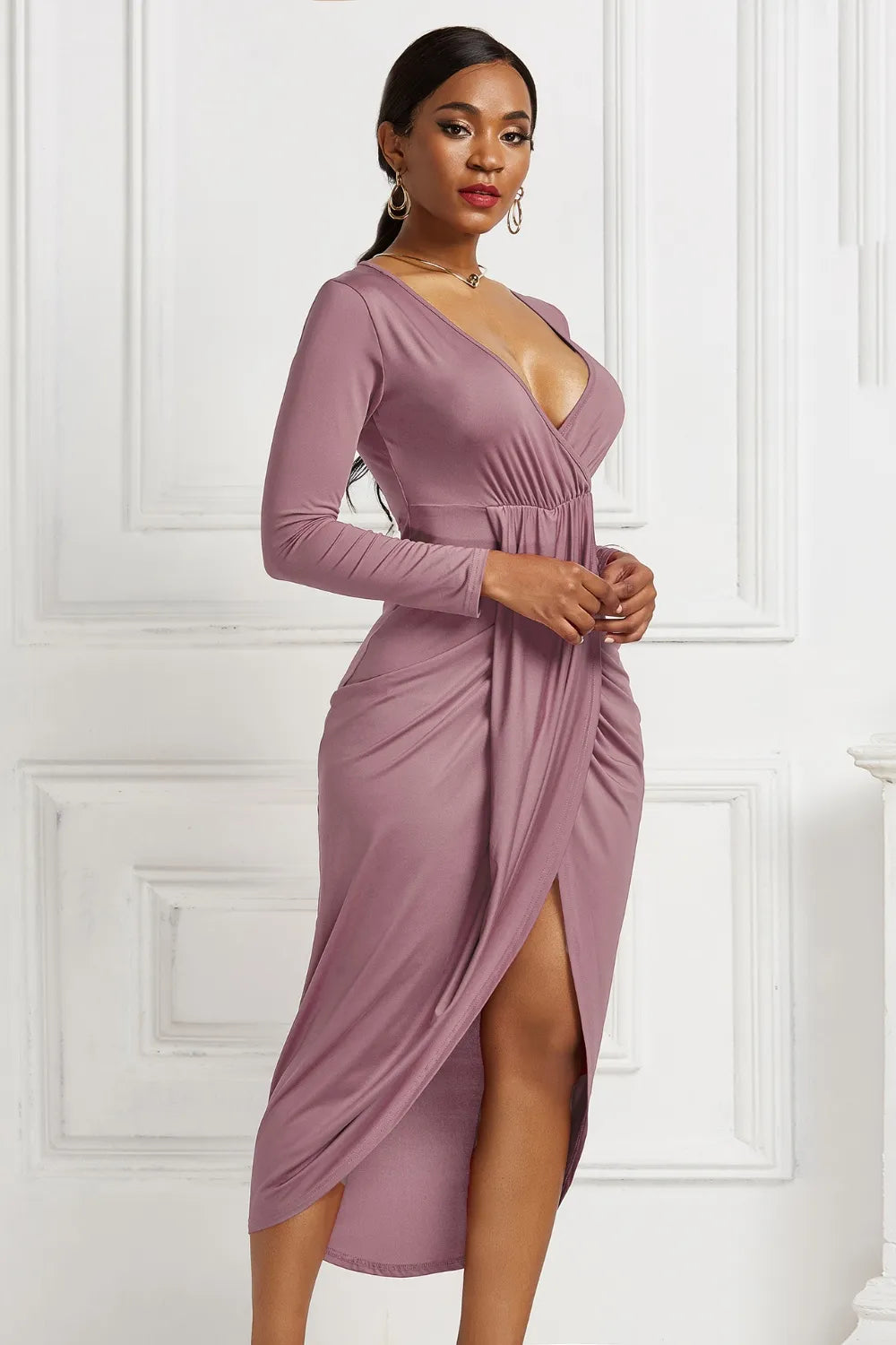Women's High-low Ruched Surplice Long Sleeve Dress