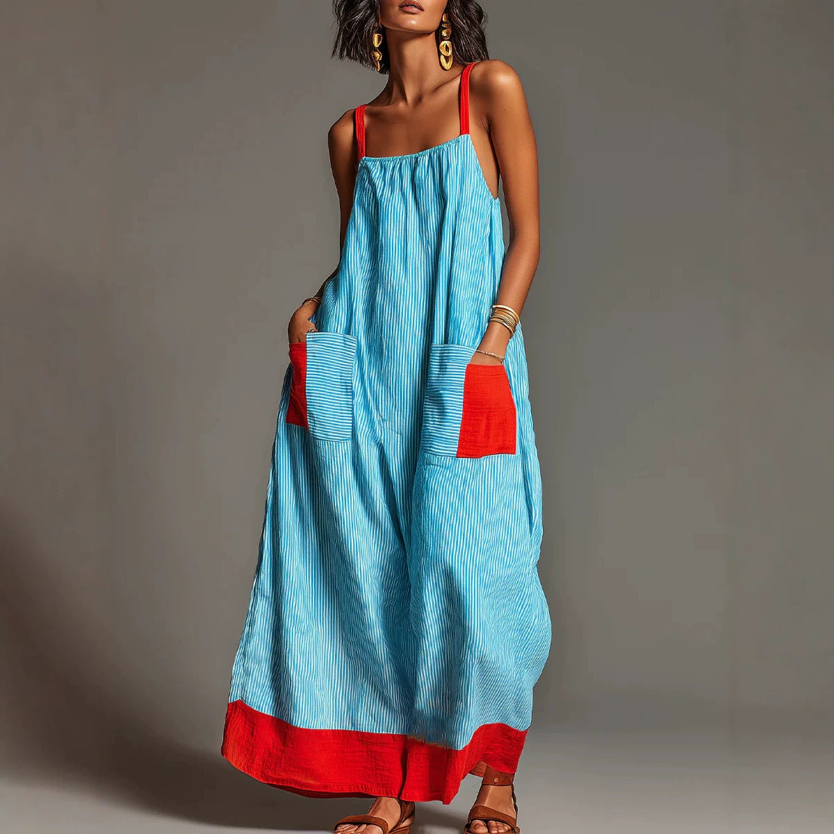 Striped High-end Slip Dress, New Summer Product, Elegant Long Dress For Women For Travel And Vacation