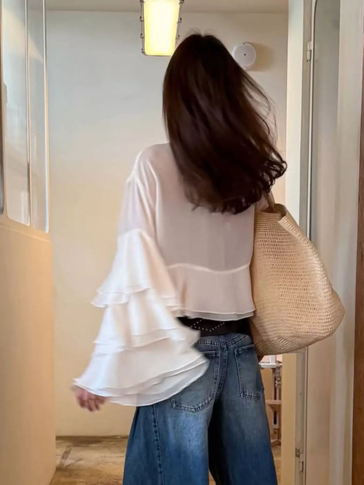 Layered Ruffled Hem Flare Sleeves Blouse