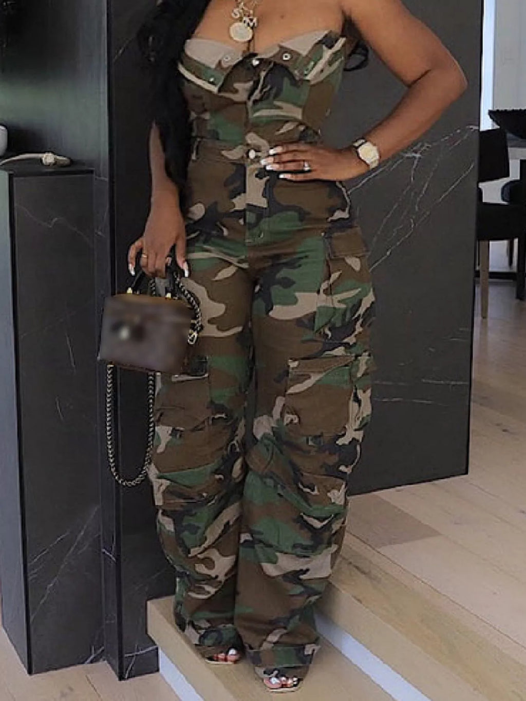 Women's Camouflage Cargo Sleeveless Jumpsuit - Camouflage
