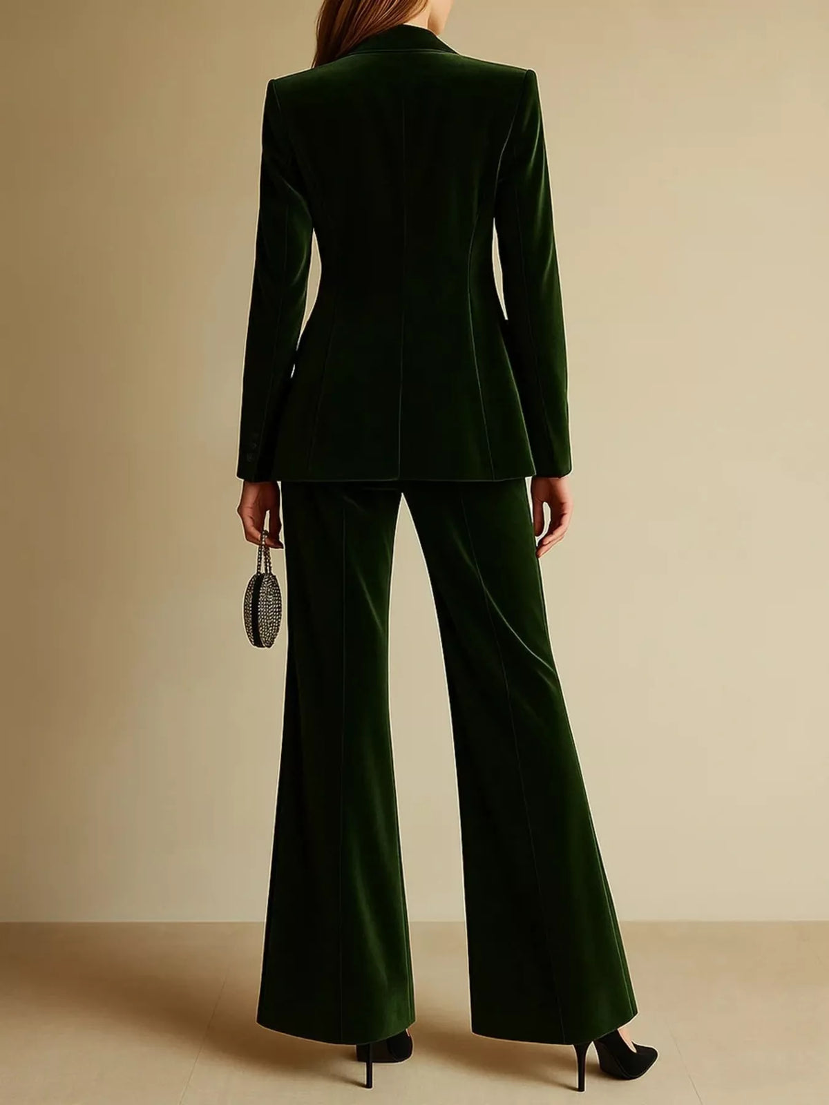 Women's Green Velvet Blazer and Wide-Leg Pants Set - Green
