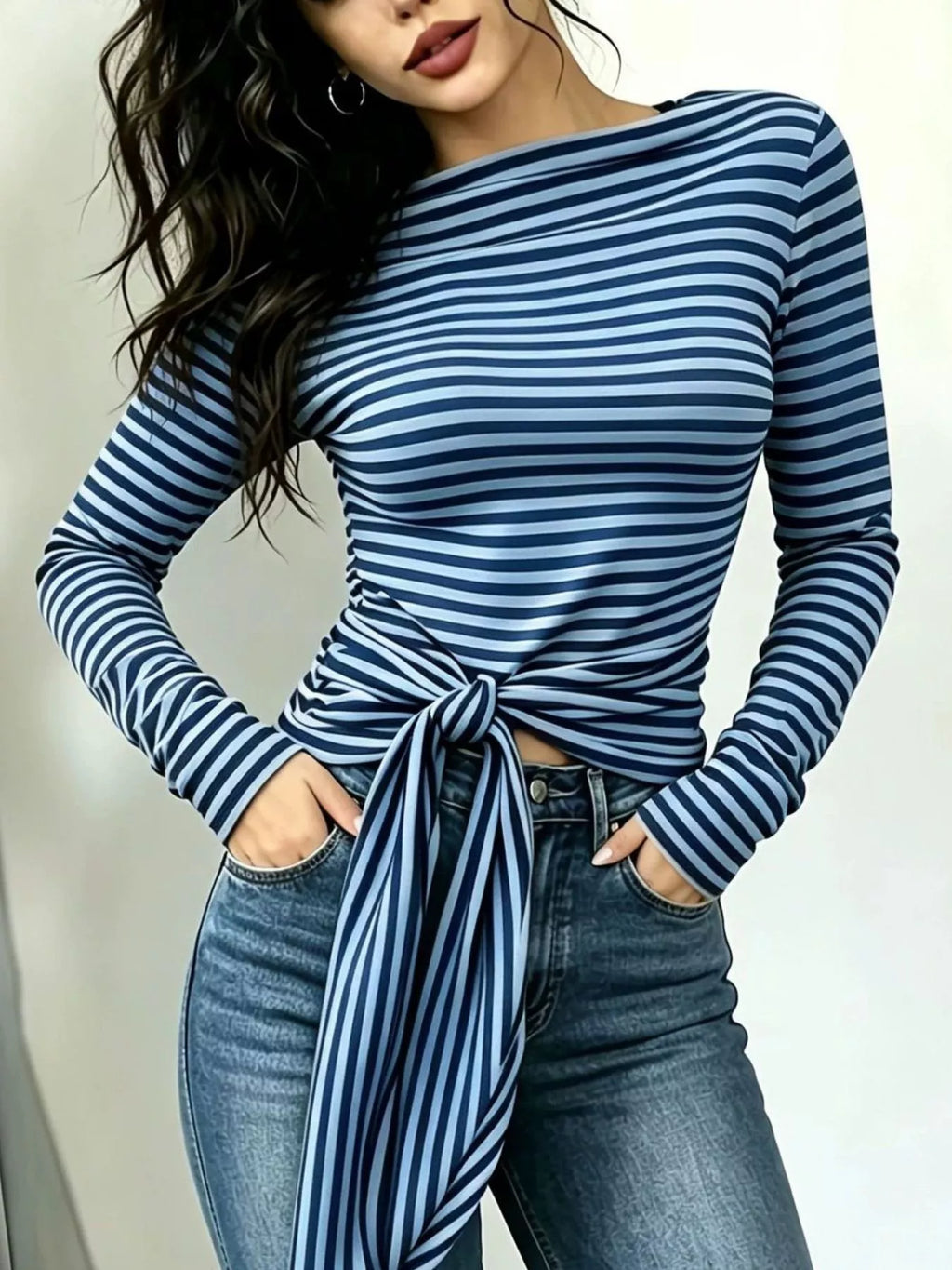 Women's Long Sleeve Striped T-Shirt with Front Tie Detail