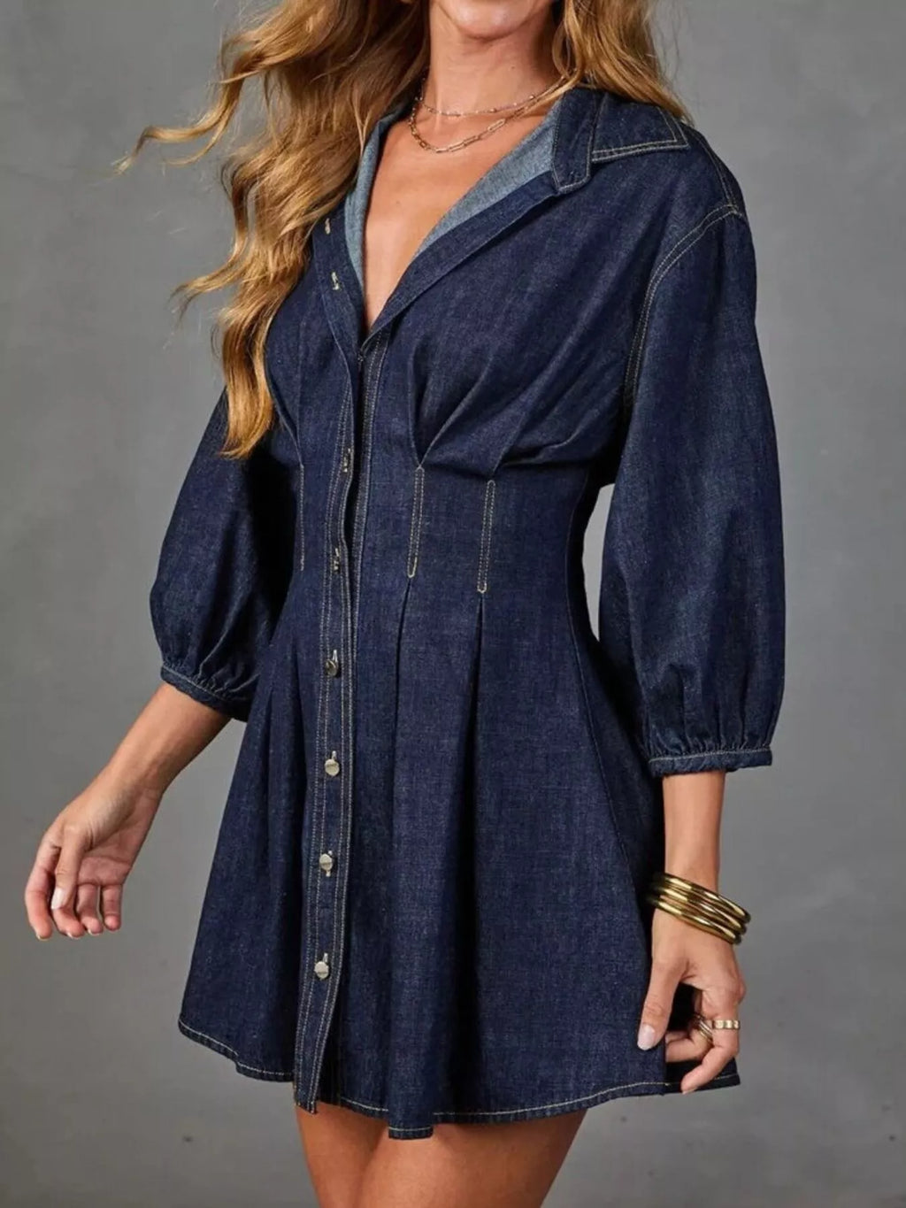 Women's Dark Blue Button Down 3/4 Sleeve Denim Dress - Dark Blue