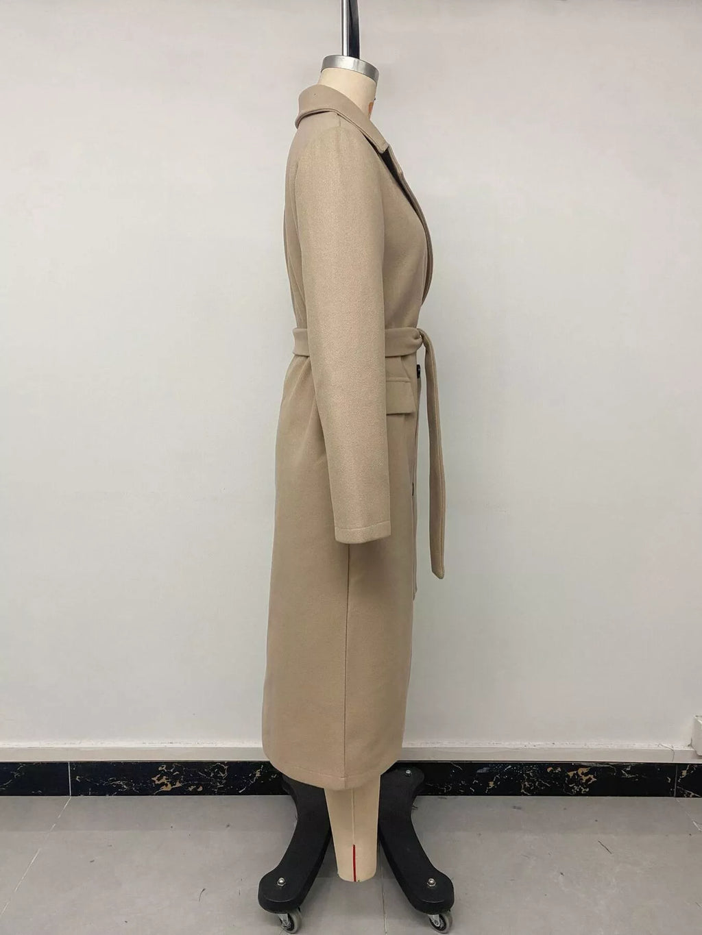 Women's Khaki Double-Breasted Lapel Collar Longline Coat - Khaki