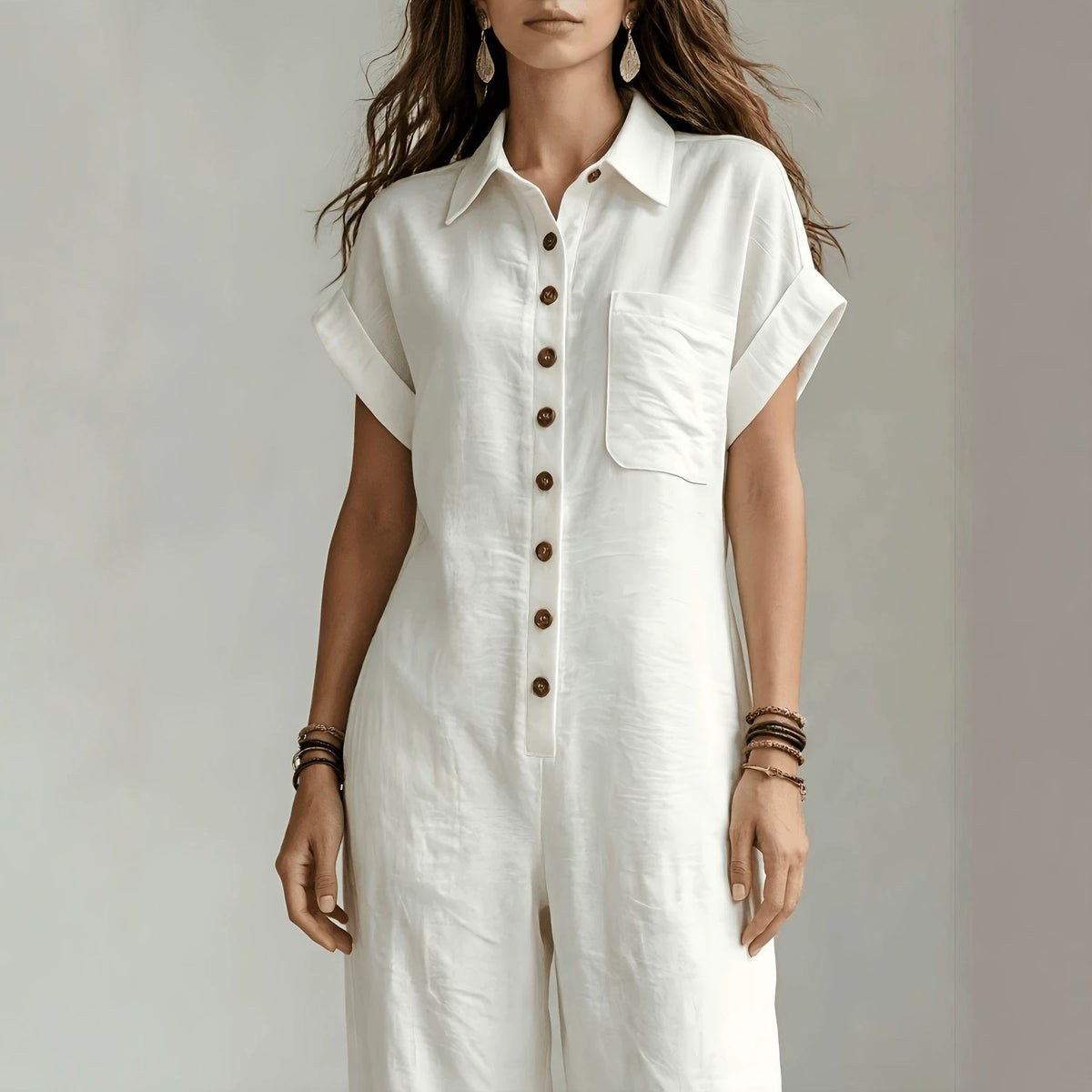 Loose-fitting Short-sleeve Button-front Wide-leg Jumpsuit