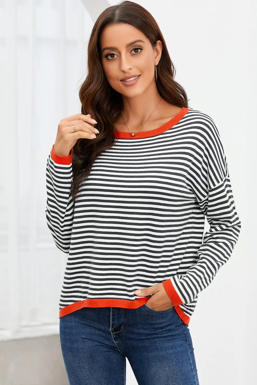 Women's Striped Round Neck Drop Shoulder T-Shirt