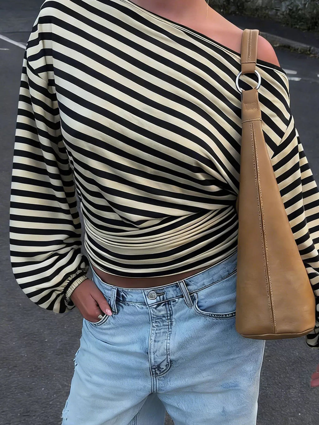 Women's Black Apricot Color One Shoulder Striped Long Sleeve Slim-Fit T-Shirt - Black Apricot Color