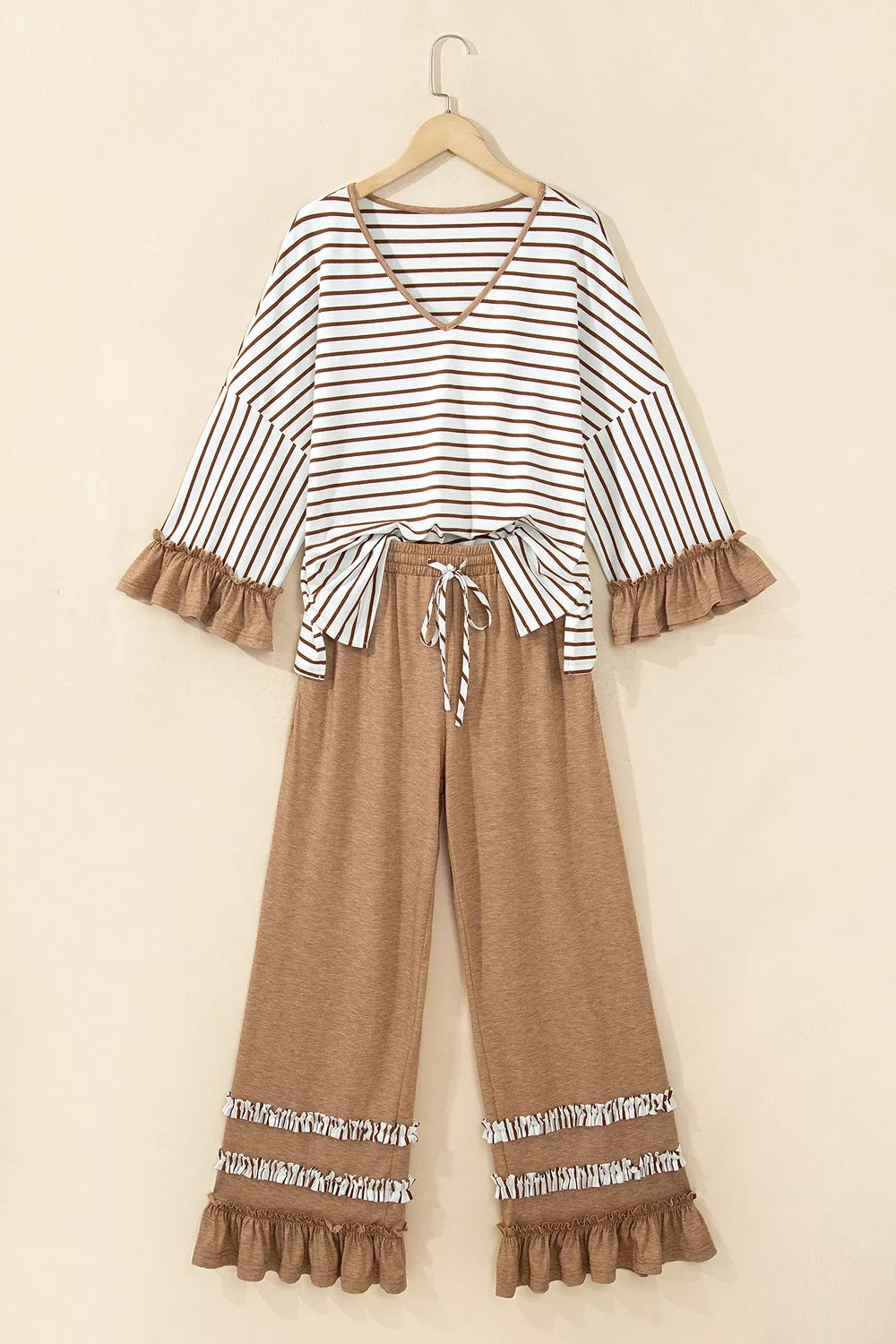 Women's Camel Stripe V Neck Ruffle Contrast Sleeve Top Drawstring Pants 2pcs Set - Camel