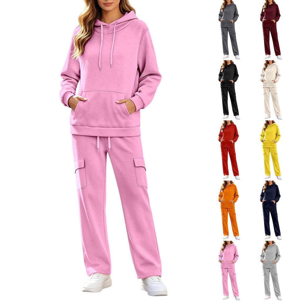 Hoodie Set Long-sleeve Sweatshirt With Fleece Lining And Matching Pants With Pockets Womens