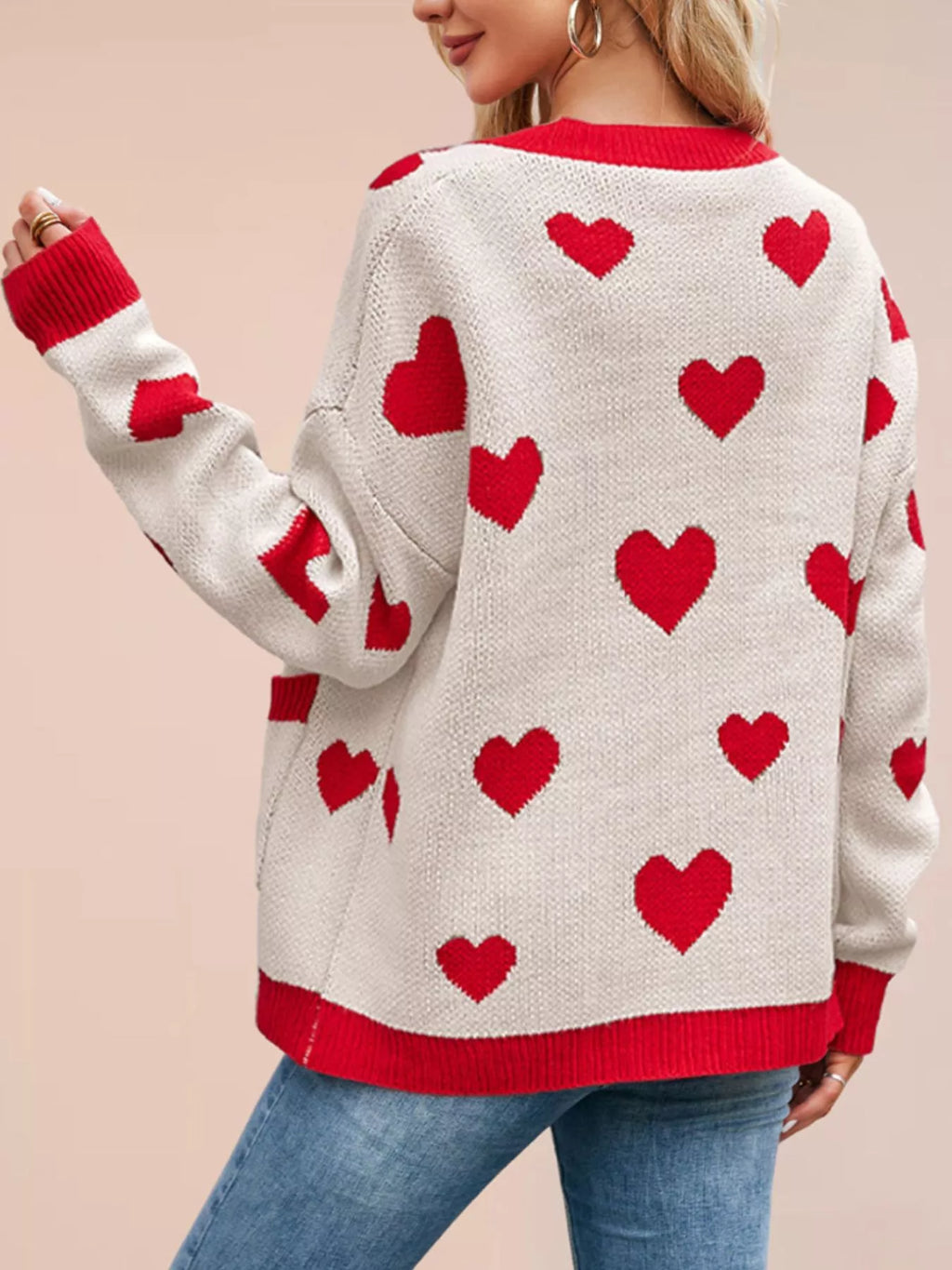 Women's Heart Pattern V-Neck Button-Down Knit Cardigan