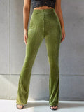 Women's Matcha Green High-Waisted Ribbed Velvet Flare Pants - Matcha Green