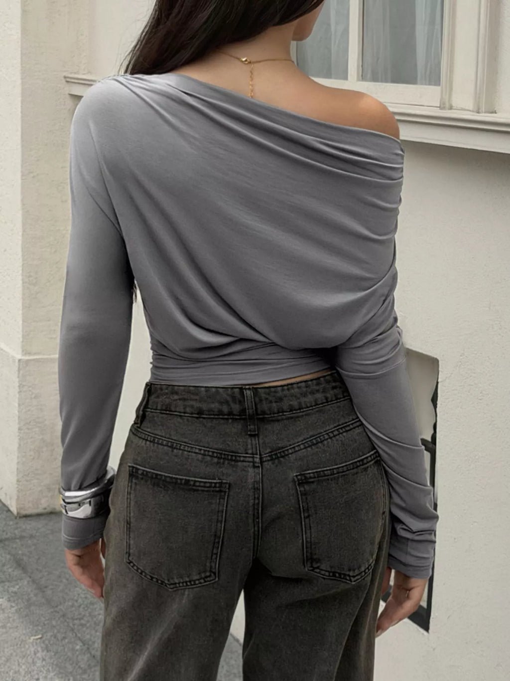 Women's Dark Gray Ruched Long Sleeve Slim Fit T-Shirt - Dark Gray