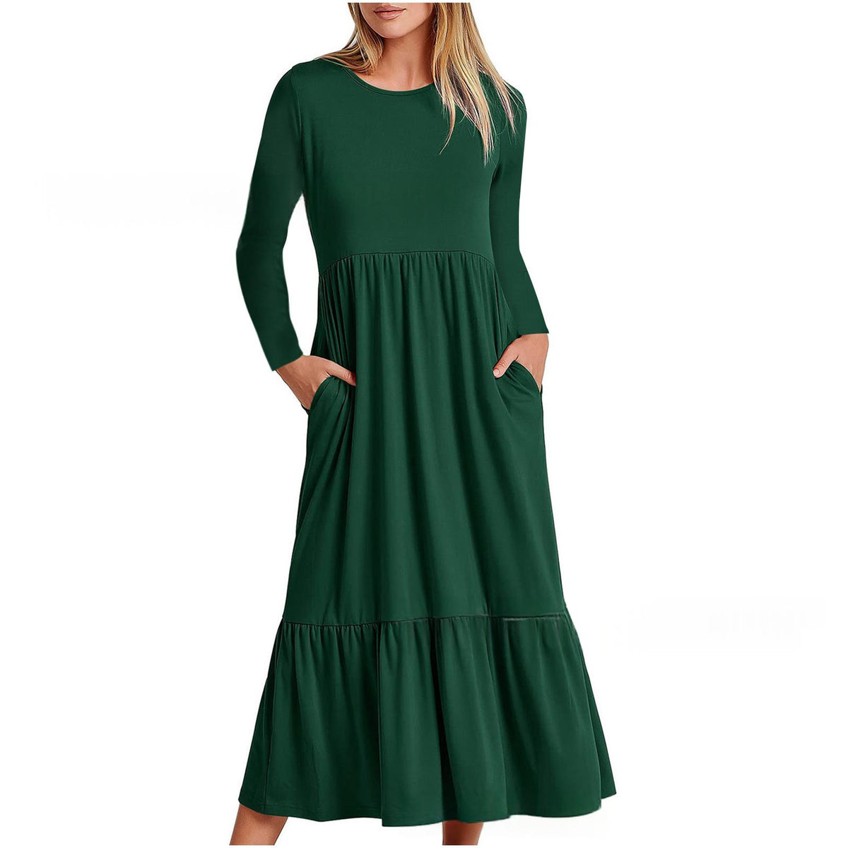 Elegant Round-neck Pleated Solid-color Maxi Dress