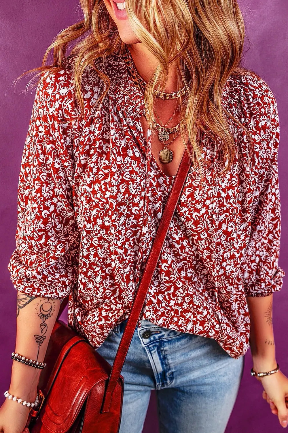 Women's Cerise Printed Tie Neck Balloon Sleeve Blouse - Cerise