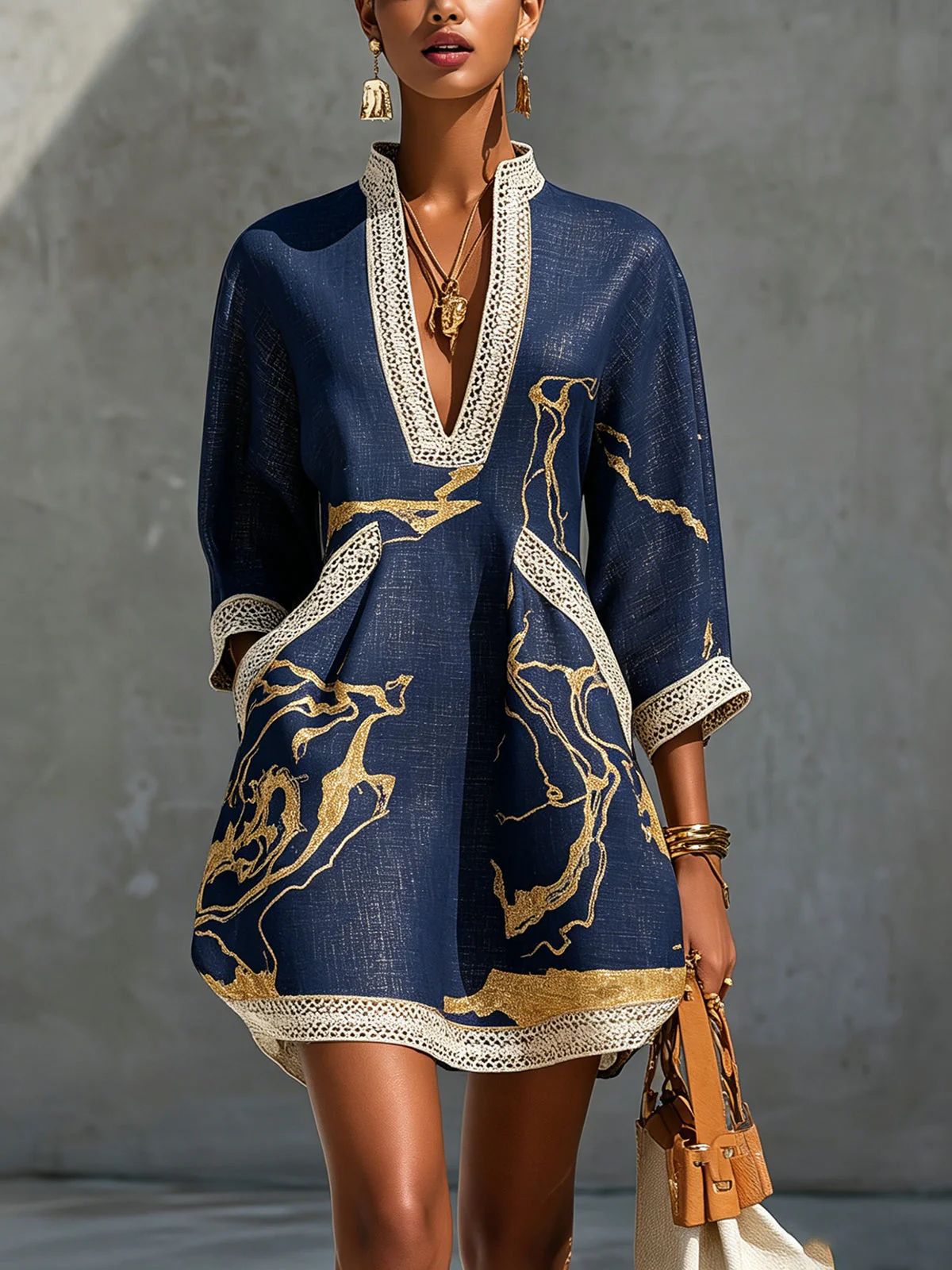 Navy Blue Gold Thread Abstract Print, Lace-Trimmed Collar, Three-Quarter Sleeves, Loose-Fitting Holiday-Style Cotton-Linen Short Dress With Belt