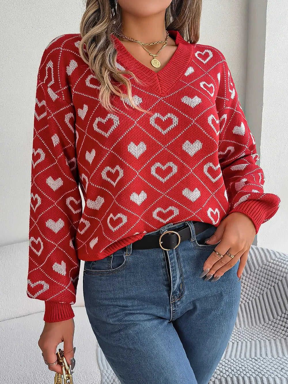 Women's Heart Pattern V-Neck Long Sleeve Sweater