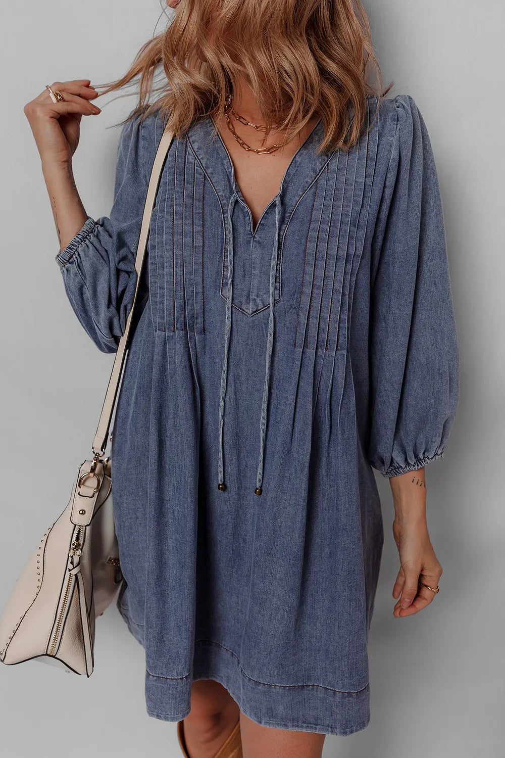 Women's Dark Tie Neck Long Sleeve Mini Denim Dress - Dark